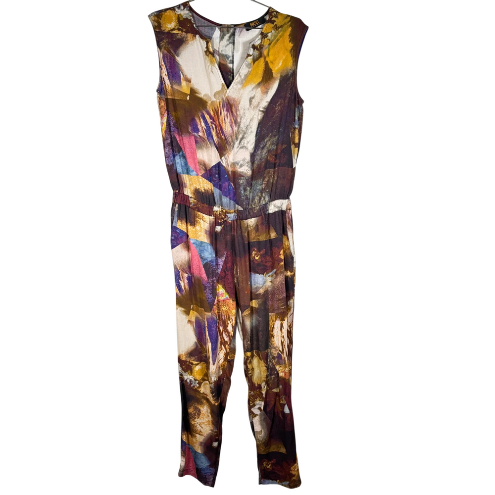 Diesel multicolor abstract print sleeveless jumpsuit with V neckline, elastic wa - Picture 2 of 9